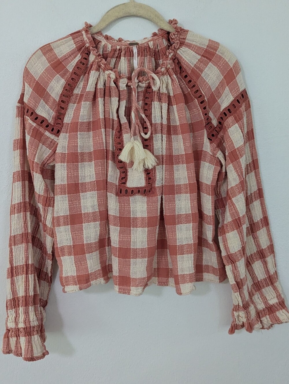 Free People Honey Grove Top Gingham Plaid Tie Neck Tassels Pink Beige Small S